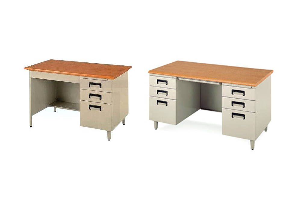 standard metal desk with wooden top